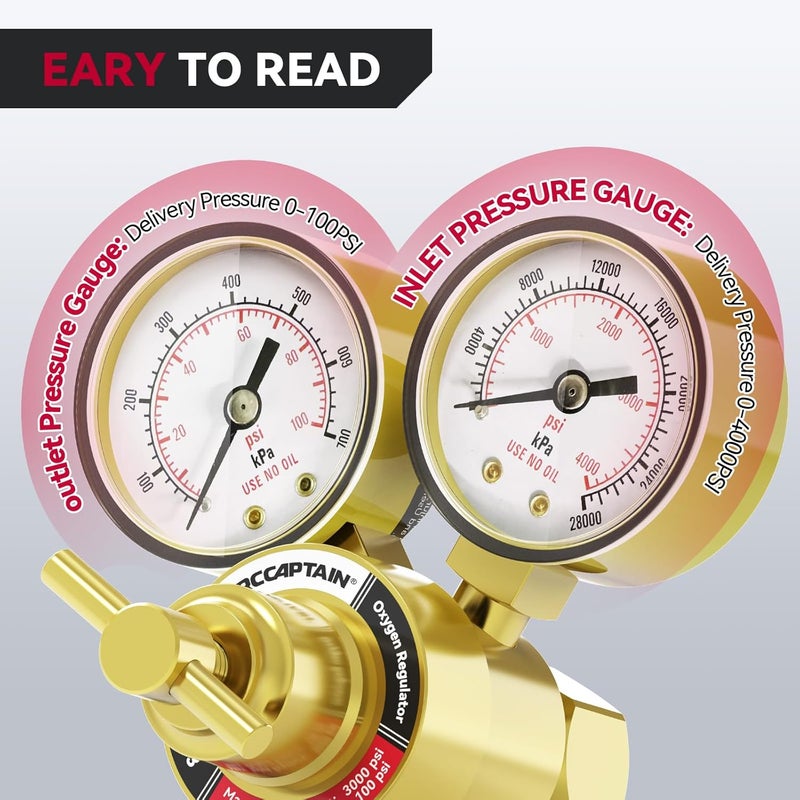 ARCCAPTAIN Oxygen Regulator Gauges Gas Welding, 0-4000PSI and 0-100PSI Welding Gas Gauges With 9/16"-18 and 1/4" Hose Outlet and Welding Gas Gauges CGA 540 Inlet Connection - Image 2